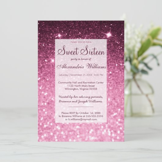 Galm girly roze bordeaux glitter bokeh Sweet 16 Kaart (Staand voorkant)