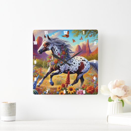 Galoping Horse Bloemen Decoratief Ontwerp Vierkante Klok (Huis)
