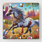 Galoping Horse Bloemen Decoratief Ontwerp Vierkante Klok (Voorkant)