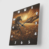 Galopperend Paard Door Gouden Velden Bij Zonsonder Vierkante Klok (Hoek)