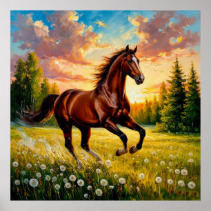Galopperend paard in een gebloemd veld poster