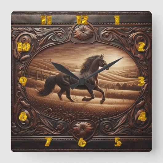 Galopperend Paard In Het Zonneveld Landschap Vierkante Klok (Voorkant)