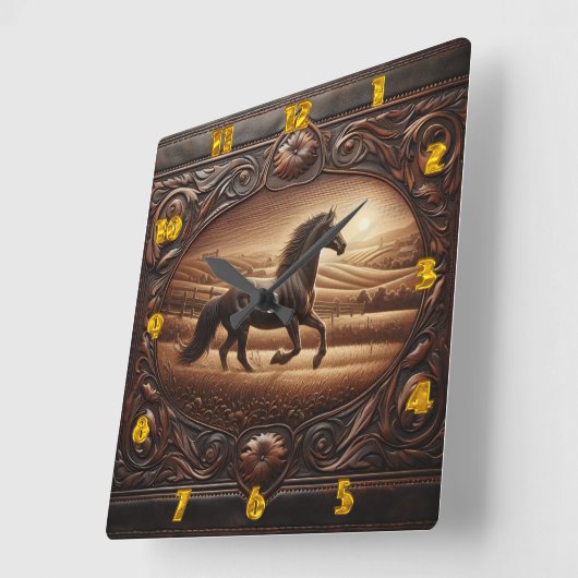 Galopperend Paard In Het Zonneveld Landschap Vierkante Klok (Hoek)