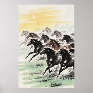 Galopperende paarden Feng Shui – Chinese inkt Wash Poster