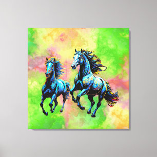 Galopperende paarden in de ochtendmist canvas afdruk