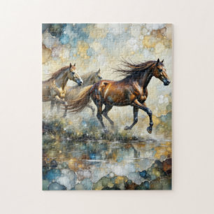 Galopperende Wilde Paarden Alcohol Inkt Kunst Legpuzzel