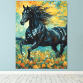 Galopperende zwarte hengst canvas afdruk (Insitu (Houten vloer))