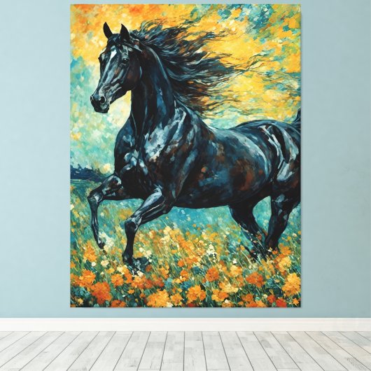 Galopperende zwarte hengst canvas afdruk (Insitu (Houten vloer))