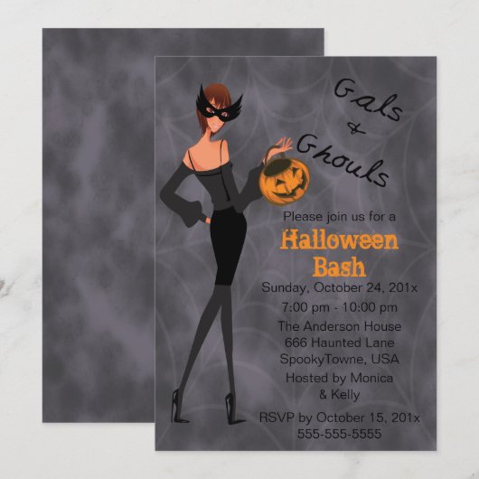 Gals and Ghouls Halloween Party Invitation Kaart (Voorkant / Achterkant)