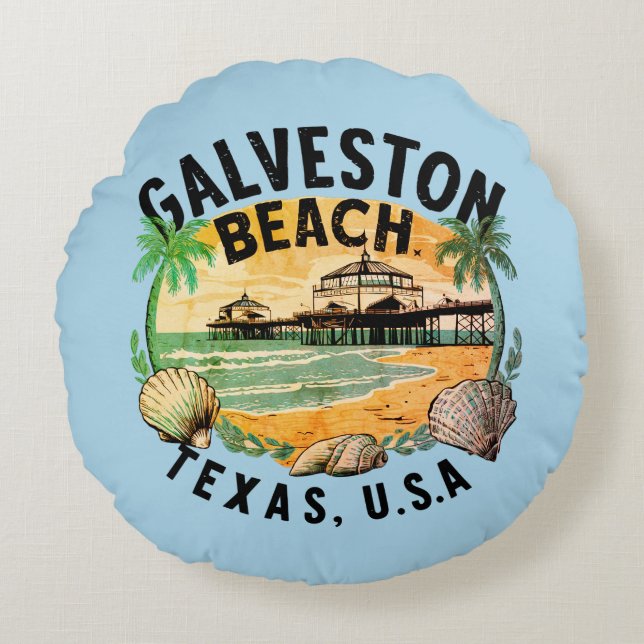 Galveston Beach Retro Vignette Rond Kussen (Voorkant)