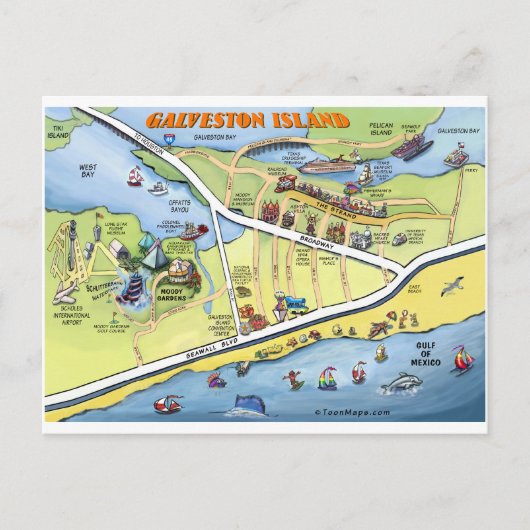 Galveston Texas Cartoon Map Briefkaart (Voorkant)