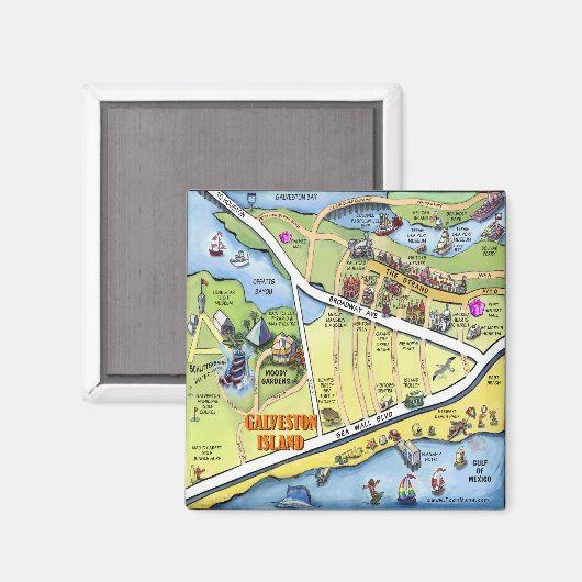 Galveston Texas Cartoon Map Magneet (Voorkant / Achterkant)