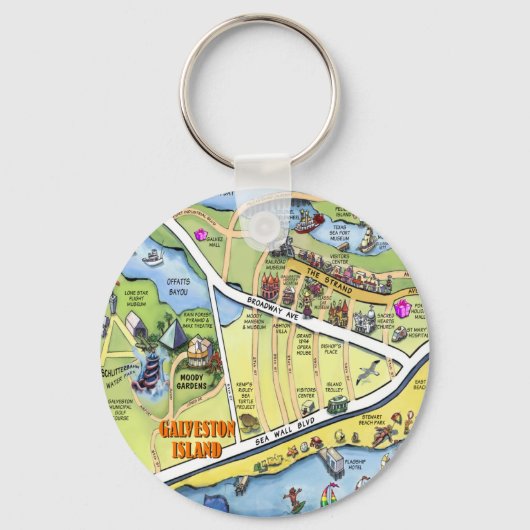 Galveston Texas Cartoon Map Sleutelhanger (Voorkant)