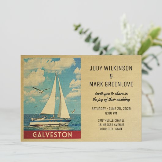 Galveston Wedding Invitation Sailboat Kaart (Staand voorkant)