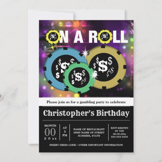 Gambling roulette chips vegas party disco kaart (Voorkant)