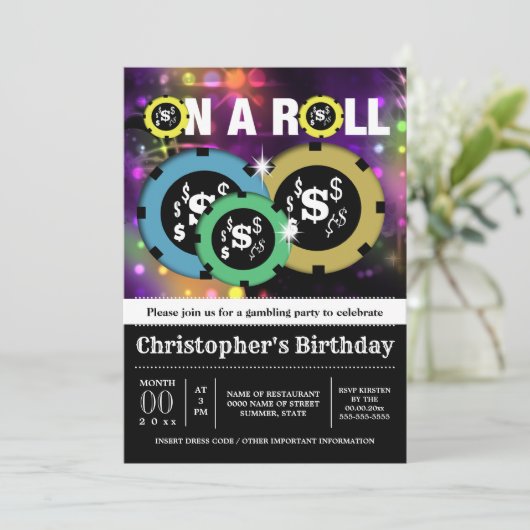 Gambling roulette chips vegas party disco kaart (Staand voorkant)