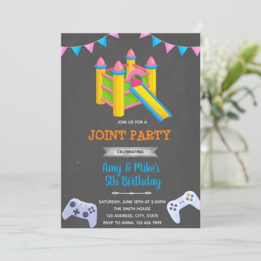Game and bounce house joint party kaart (Staand voorkant)