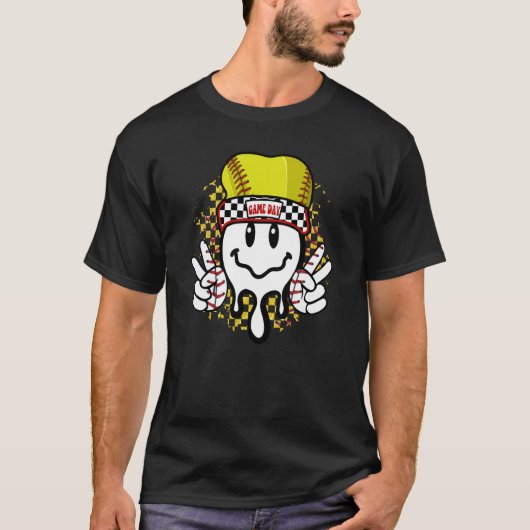 Game Day Softball Retro Smile Face Baseball Softba T-shirt (Voorkant)
