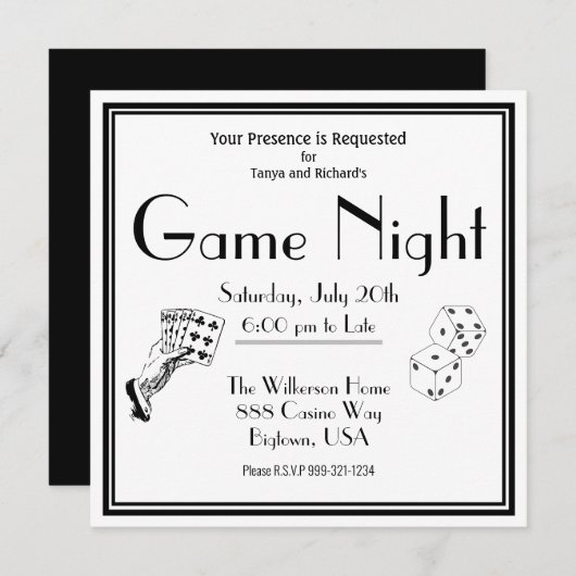 Game Night Party Invitation Black and White Kaart (Voorkant / Achterkant)