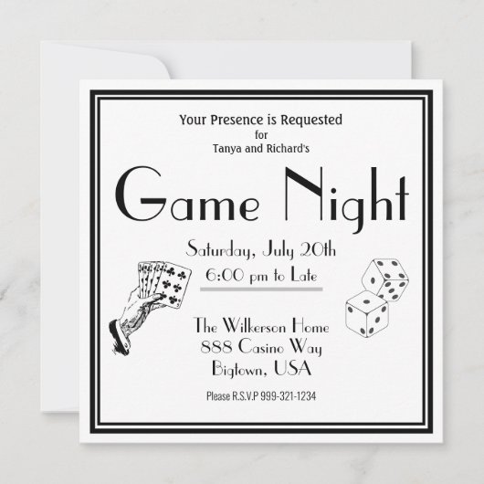 Game Night Party Invitation Black and White Kaart (Voorkant)
