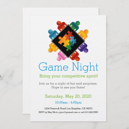 Game Night Party Invitation Puzzle Team Kaart (Voorkant / Achterkant)