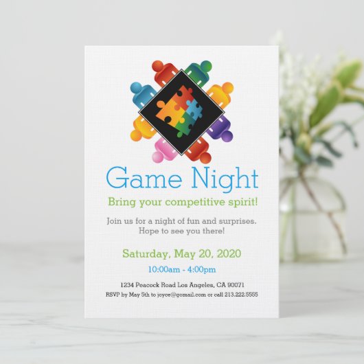 Game Night Party Invitation Puzzle Team Kaart (Staand voorkant)
