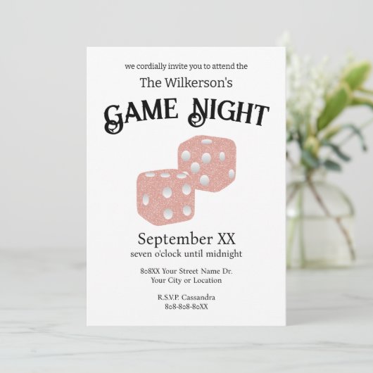 Game Night Pink Glitter Dice Kaart (Staand voorkant)
