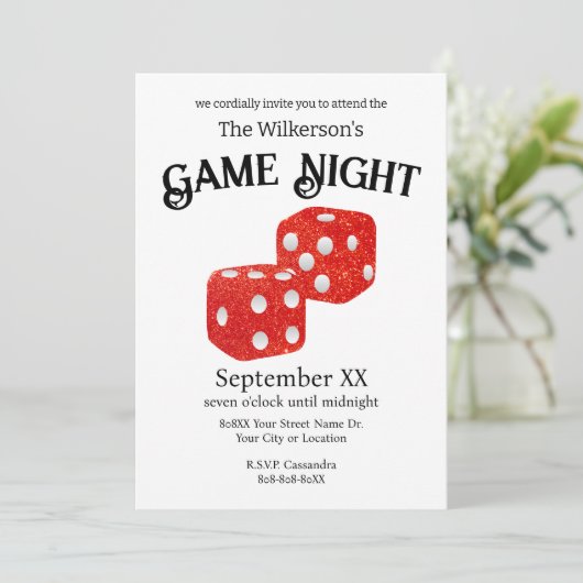 Game Night Red Glitter Dice Kaart (Staand voorkant)
