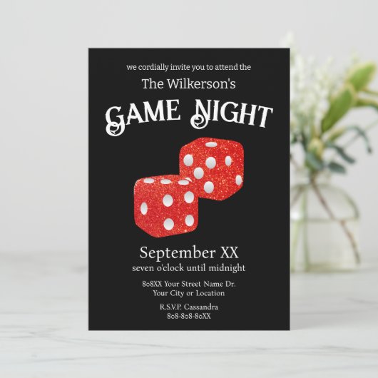 Game Night Red Glitter Dice op zwart Kaart (Staand voorkant)