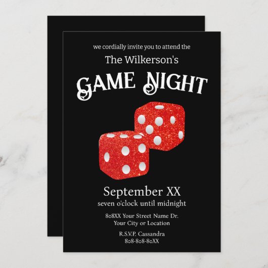 Game Night Red Glitter Dice op zwart Kaart (Voorkant / Achterkant)
