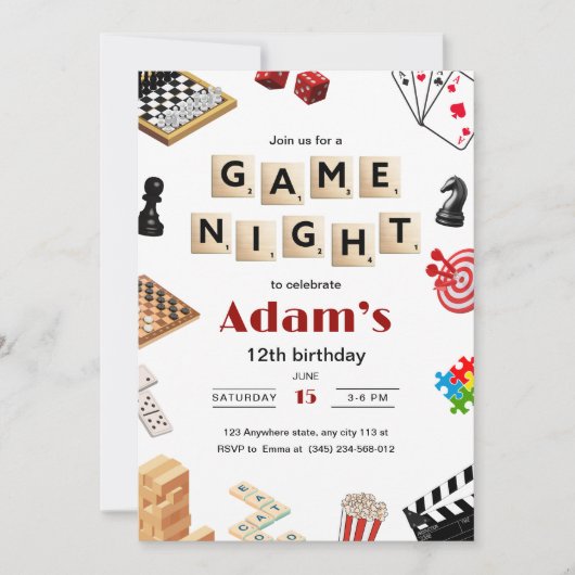 Game Night Verjaardag Uitnodiging, Board Game Nigh Kaart (Voorkant)