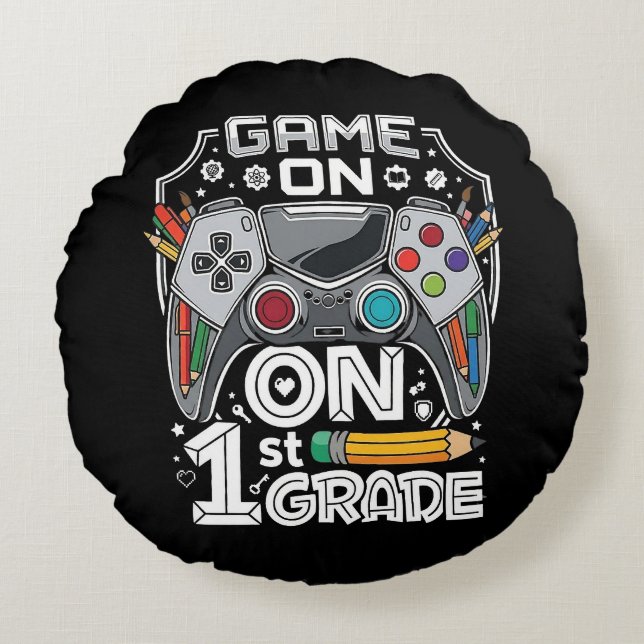 Game On 1e klas terug naar school Rond Kussen (Voorkant)