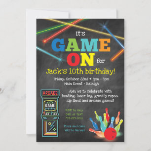 Game On Arcade Bowling Chalkboard Party Uitnodigin Kaart