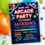Game on Arcade Party Birthday Uitnodiging<br><div class="desc">Neon Glow regenboogkleuren arcade games verjaardagsfeest uitnodiging voor jongens en meisjes</div>