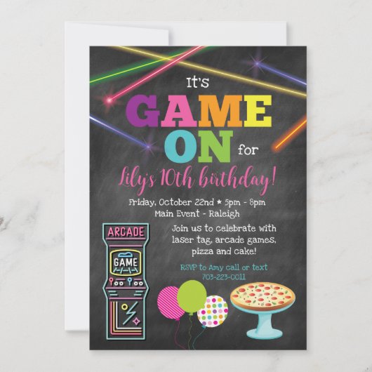 Game On Arcade Pizza Feest Chalkboard Uitnodiging (Voorkant)