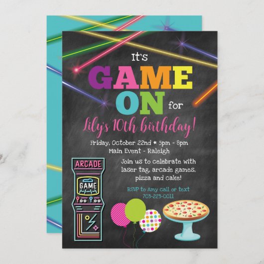 Game On Arcade Pizza Feest Chalkboard Uitnodiging (Voorkant / Achterkant)