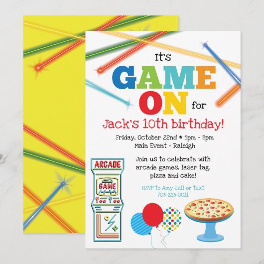 Game On Arcade Pizza Feest Uitnodiging (Voorkant / Achterkant)