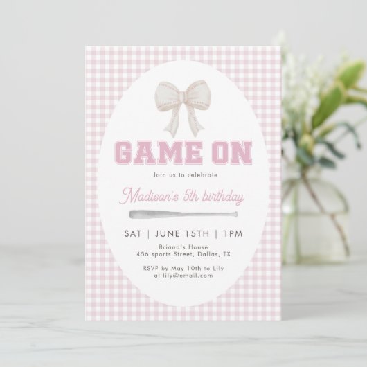 Game On Baseball Bow Pink Gingham Preppy 5th  Kaart (Staand voorkant)