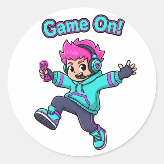 Game On! – Cute Cartoon Gamer Character Sticker (Voorkant)