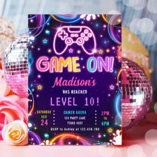 Game On Gamer Videogames Neon Glow Girl Verjaardag Kaart