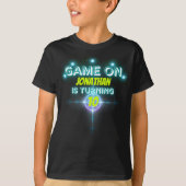 Game On Laser Label Blauw Groen Neon Glow Verjaard T-shirt (Voorkant)