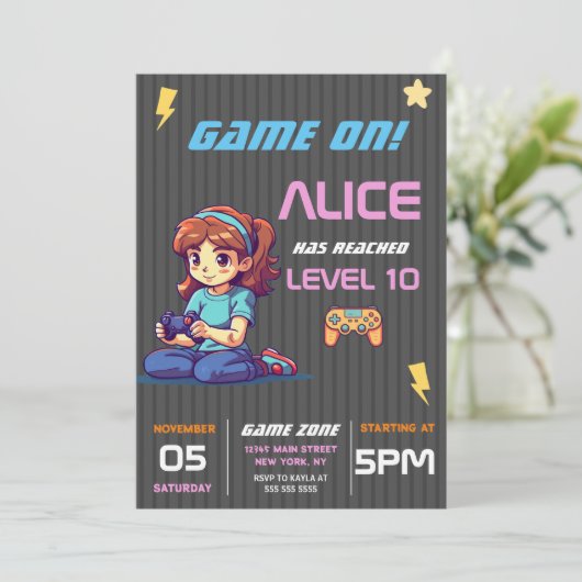 Game On Level Up Fun Video Game Birthday Party Kaart (Staand voorkant)