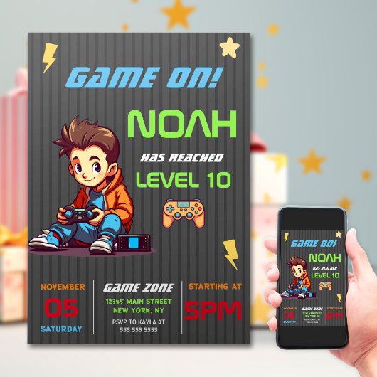 Game On Level Up Fun Video Game Birthday Party Kaart