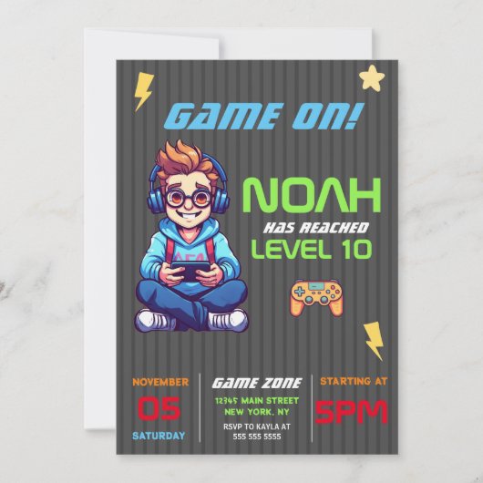 Game On Level Up Fun Video Game Birthday Party Kaart (Voorkant)