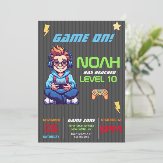 Game On Level Up Fun Video Game Birthday Party Kaart (Staand voorkant)