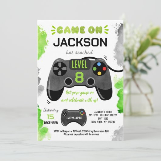 Game On Level Up Video Game Birthday-uitnodigingen Kaart (Staand voorkant)