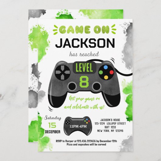 Game On Level Up Video Game Birthday-uitnodigingen Kaart (Voorkant / Achterkant)