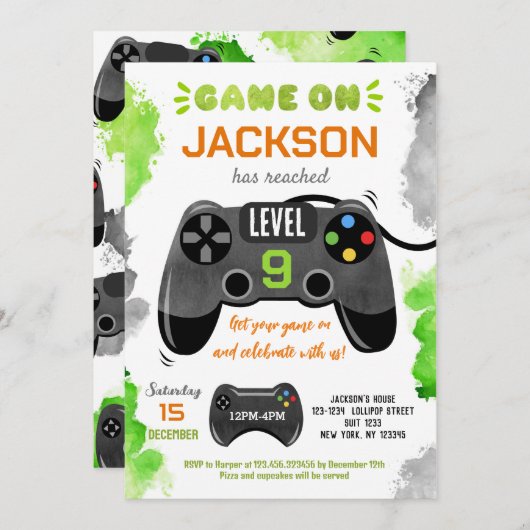 Game On Level Up Video Game Birthday-uitnodigingen Kaart (Voorkant / Achterkant)
