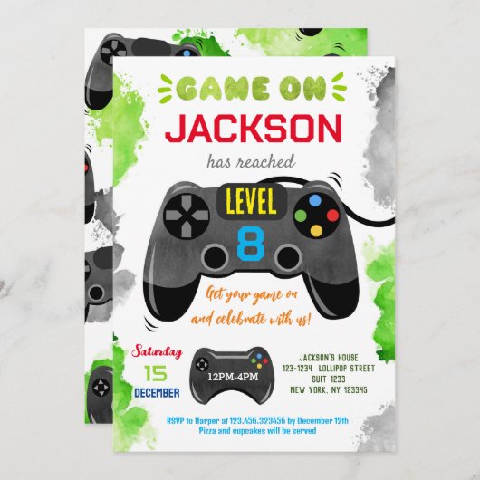 Game On Level Up Videospel Verjaardagsuitnodiginge Kaart (Voorkant / Achterkant)