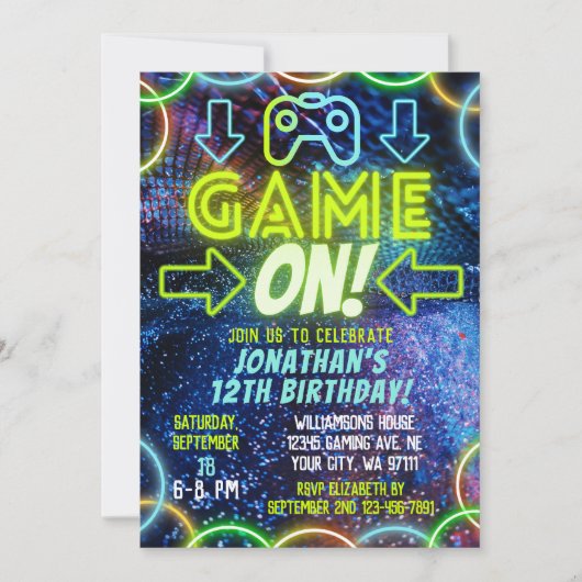 Game On Neon Glow Video Game Gaming Birthday Party Kaart (Voorkant)